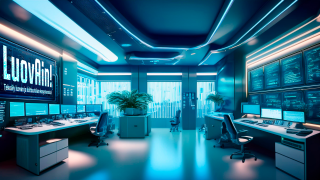 Futuristinen huone, jossa on useita tietokonenäyttöjä, työpisteitä ja sininen valaistus. Digitaalisessa kyltissä lukee "LuovAin! Tekoäly luovan ja kulttuurialan ekosysteemissä".