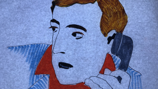 Sinisävyinen piirroskuva puhelimeen puhuvasta henkilöstä.