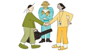 Kolme piirrettyä, yhdessä seisovaa ihmishahmoa vihreässä, sinisessä ja keltaisessa asussa. Vihreäasuinen kantaa kitarakoteloa ja kättelee kelta-asuista henkilöä. Siniasuinen seisoo heidän välissään ja pitää käsissään nippua valkoisia papereita. 