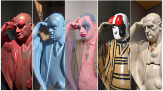 Veistosmainen hahmo eri materiaaleista valmistettuna.