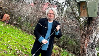 Henkilö haravoi syksyisellä pihalla.