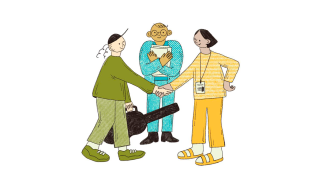 Piirroskuva, jossa kitaraa kantava henkilö kättelee toista. Taustalla kolmas henkilö seuraa vierestä.