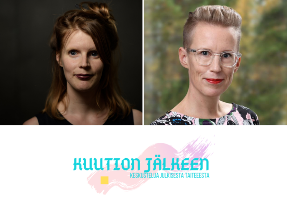 Maija Kasvinen ja Johanna Ruotsalainen poseeraavat. Alla podcastin logo, jossa nimi ja vaalea pensselin jälki.