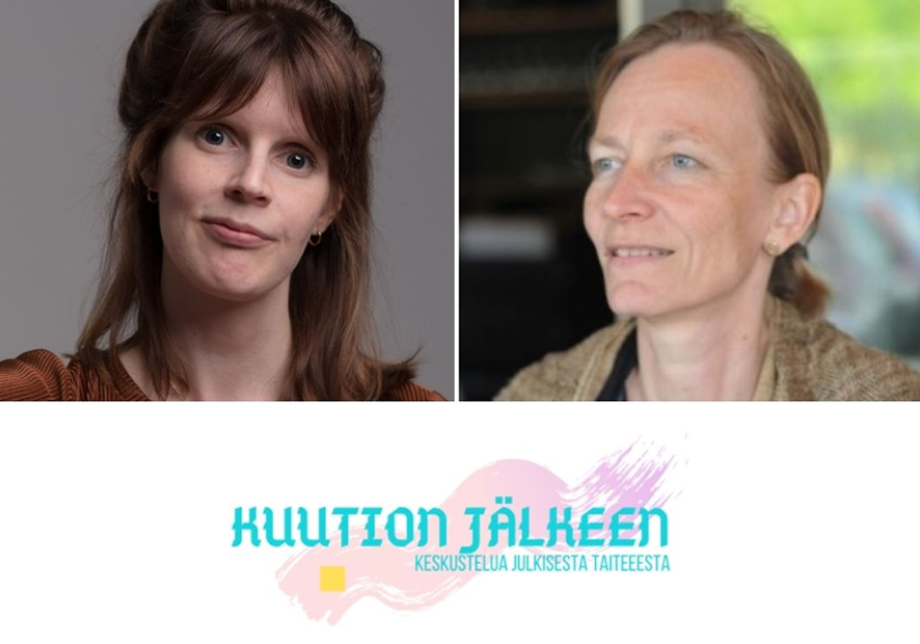 Maija Kasvinen ja Kaija Kaitavuori poseeraavat. Alla podcastin logo, jossa nimi ja vaalea pensselin jälki.