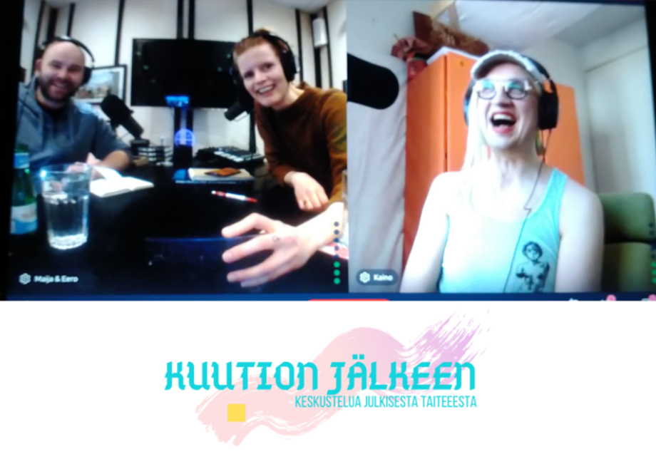 Maija Kasvinen, Eero Yli-Vakkuri ja Kaino Wennerstrand videopuhelussa. Alla podcastin logo, jossa nimi ja vaalea pensselin jälki.