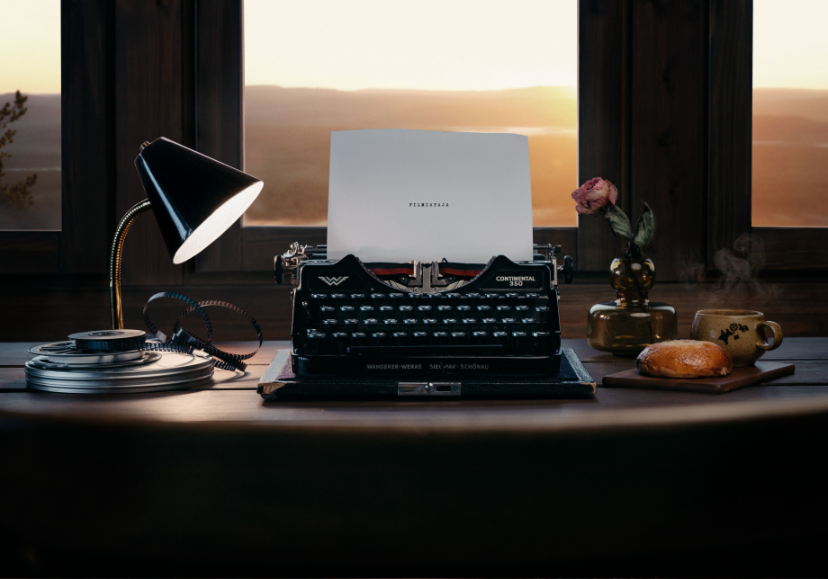 Kirjoituskone maisemaikkunan edessä