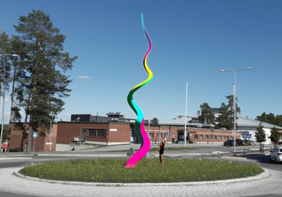 Luonnoskuva liikenneympyrään sijaitsevasta taideteoksesta, joka on spiraalimainen ja värikäs