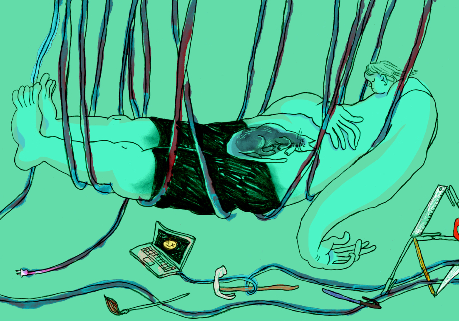 Käsin piirretty kuva, jossa taiteilija nukkuu tietokoneen johtojen varassa. Taiteilijan vatsan päällä nukkuu kissa.