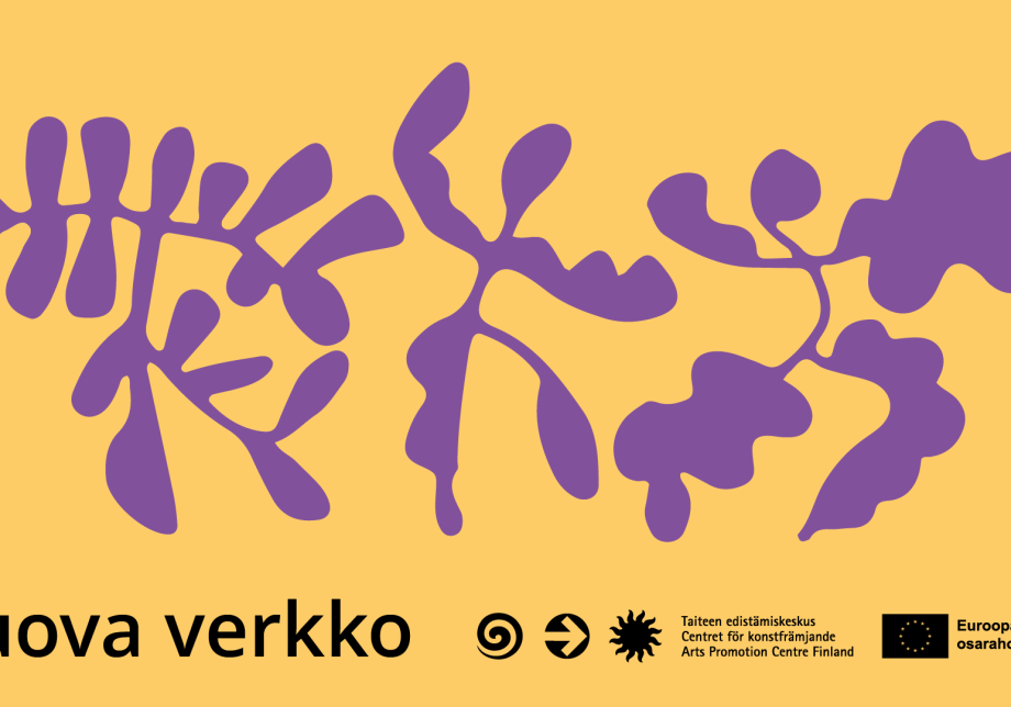 Kolme hahmoa vierekkäin keltaisella taustalla. Teksti: Luova verkko, Taiteen edistämiskeskus, Euroopan unionin osarahoittama.