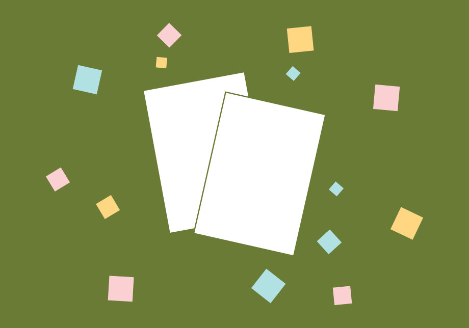 Papers on a green background, surrounded by confetti.