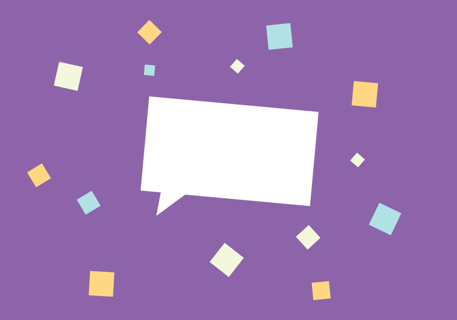 Pratbubbla på lila bakgrund. Konfetti runt omkring.