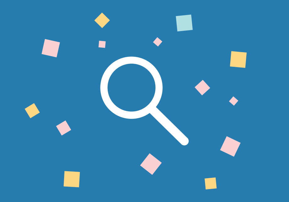 A magnifying glass on a blue background, surrounded by confetti.