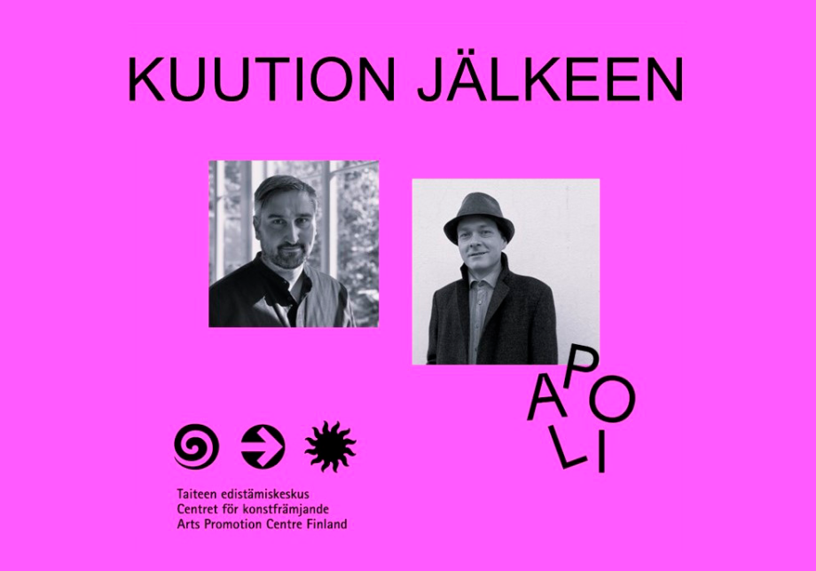 Pinkillä taustalla teksti &quot;Kuution jälkeen&quot;, Panu Savolaisen ja Niilo Rinteen kasvokuvat, teksti &quot;Apoli&quot; sekä Taiken logo.