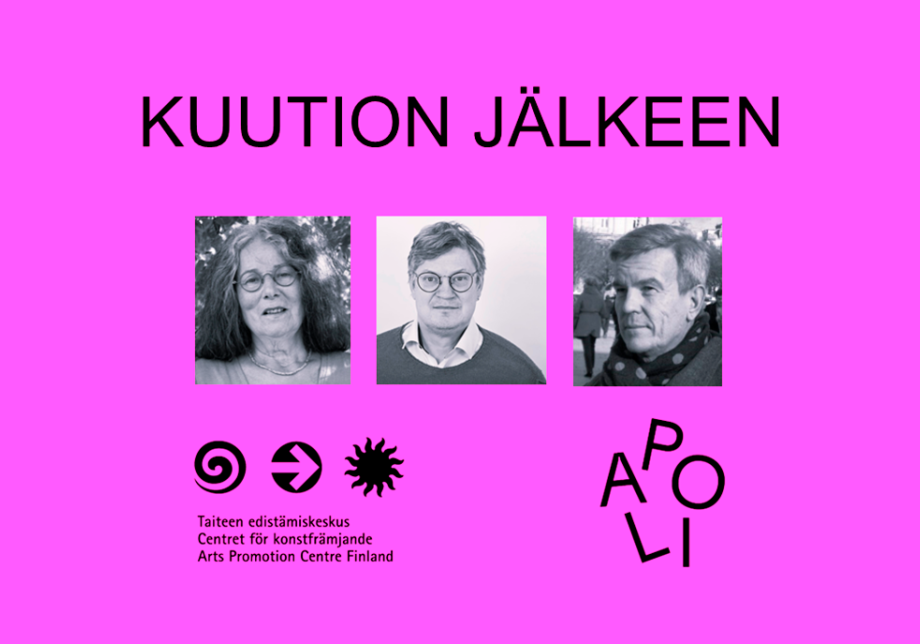 Aniliininpunaisella taustalla teksti &quot;Kuution jälkeen&quot; ja keskustelijoden kasvokuvat.