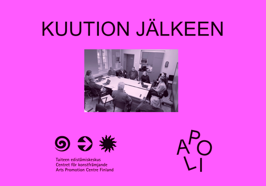 Aniliininpunaisella taustalla tekti &quot;Kuution jälkeen&quot;, yhteiskuva keskustelutilaisuudesta sekä Taiken ja Apolin logot.