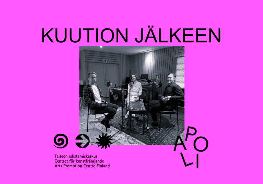 Aniliininpunaisella taustalla kuva keskustelijoista studiossa, teksti "Kuution jälkeen" sekä Taiken ja Apolin logot.