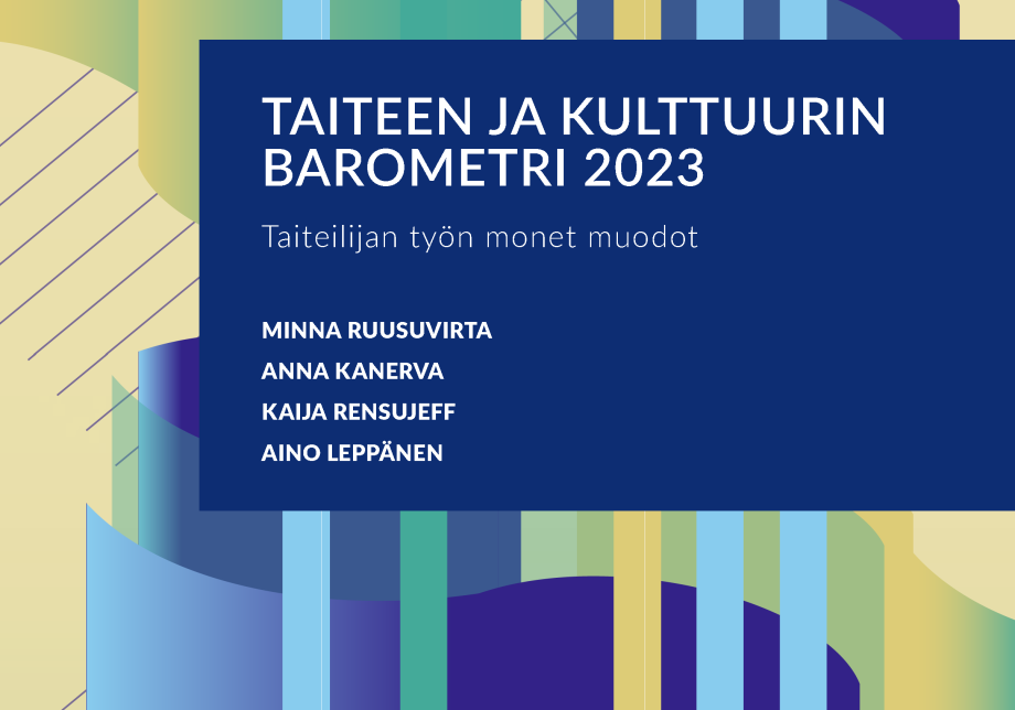 Taiteen ja kulttuurin barometrin 2023 kansi. Piirroskuva, jossa lyijykynät muodostavat pylväskaaviomaisen rivistön. Taustalla ruudukkoa ja aaltoilevia muotoja.