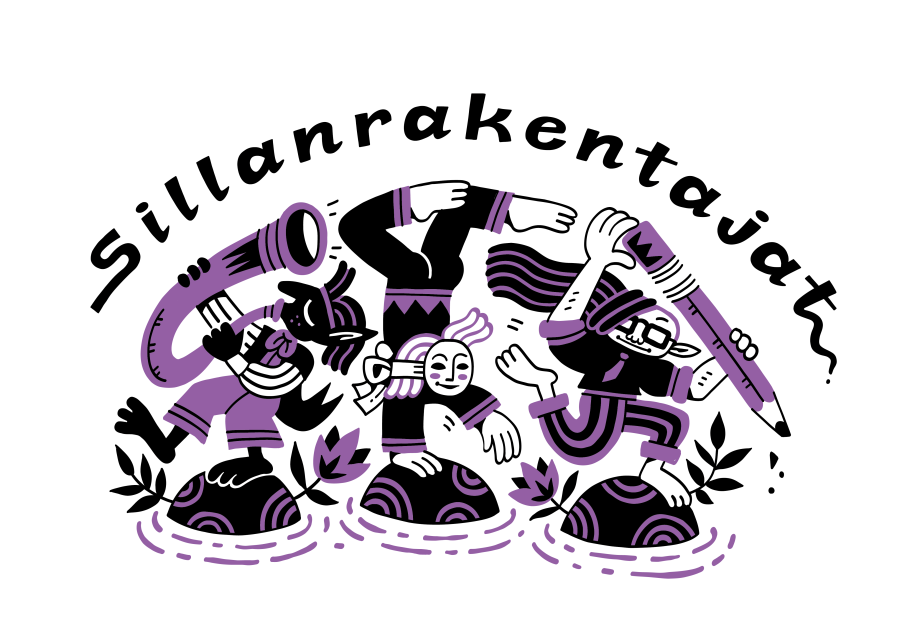 Hankkeen nimi, jonka alla kolme graafista eri taidelajia edustavia hahmoja. Hahmot edustavat tanssia, musiikkia ja maalaustaidetta. Kuvan värit ovat musta, valkoinen ja violetti.