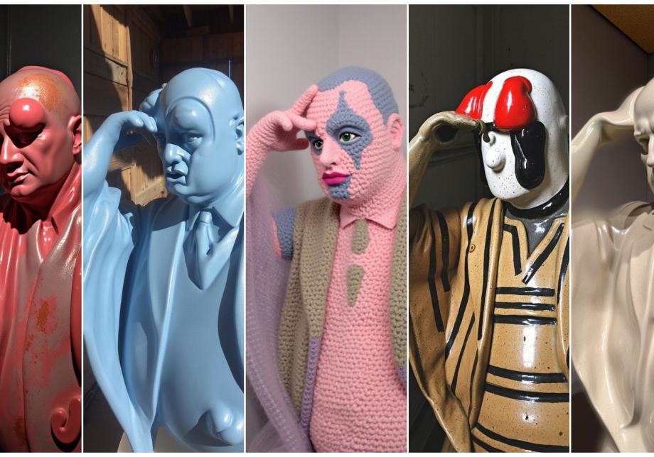 Veistosmainen hahmo eri materiaaleista valmistettuna.