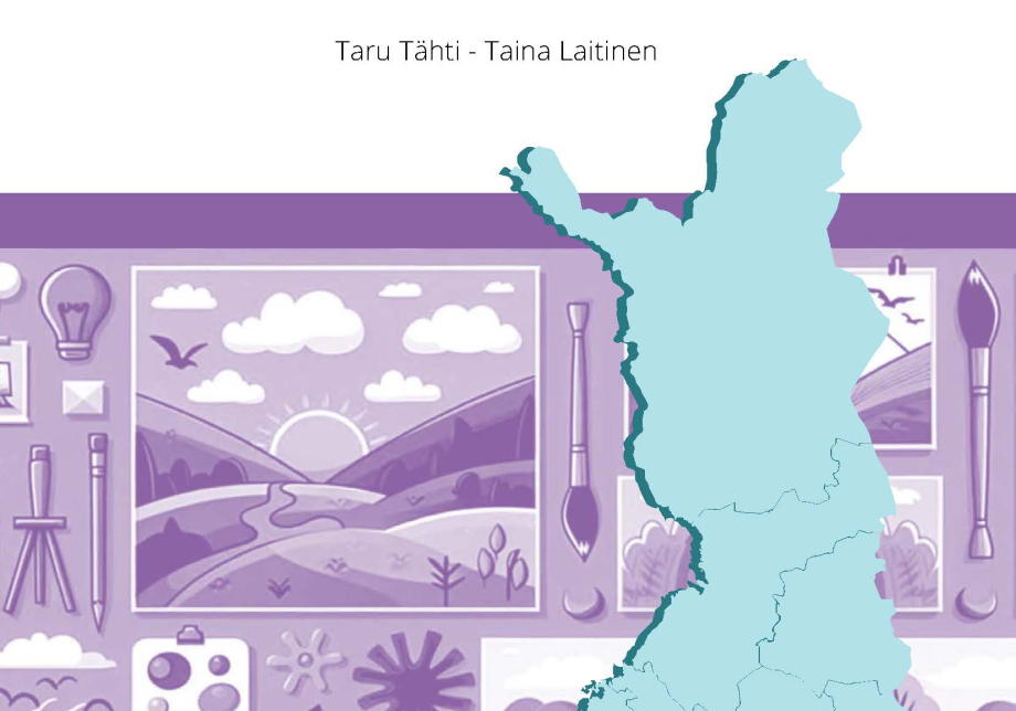 Julkaisun kansikuva. Suomen kartta, jossa merkittynä maakuntarajat. Taustalla tauluja ja taiteilijatarvikkeita.