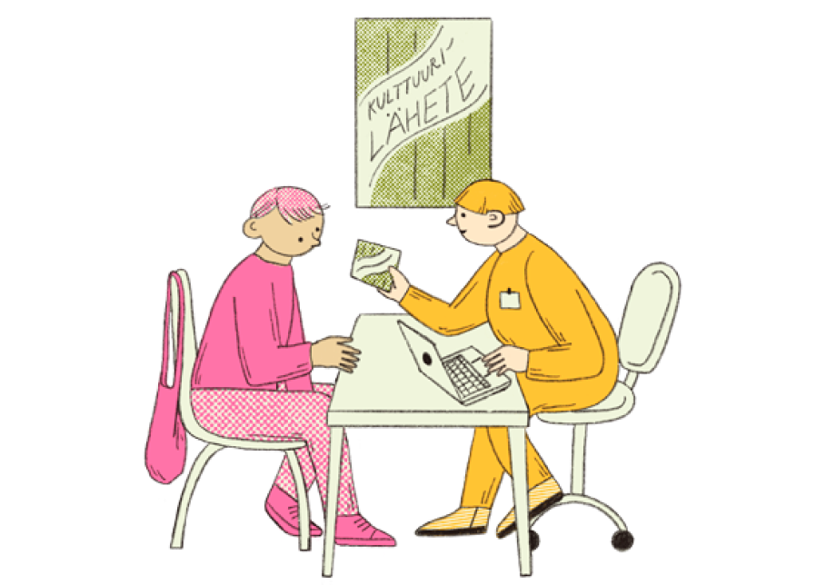 Piirroskuva, jossa kaksi henkilöä istuu pöydän eri puolilla. Toinen ojentaa toiselle korttia, jossa lukee "Kulttuurilähete".