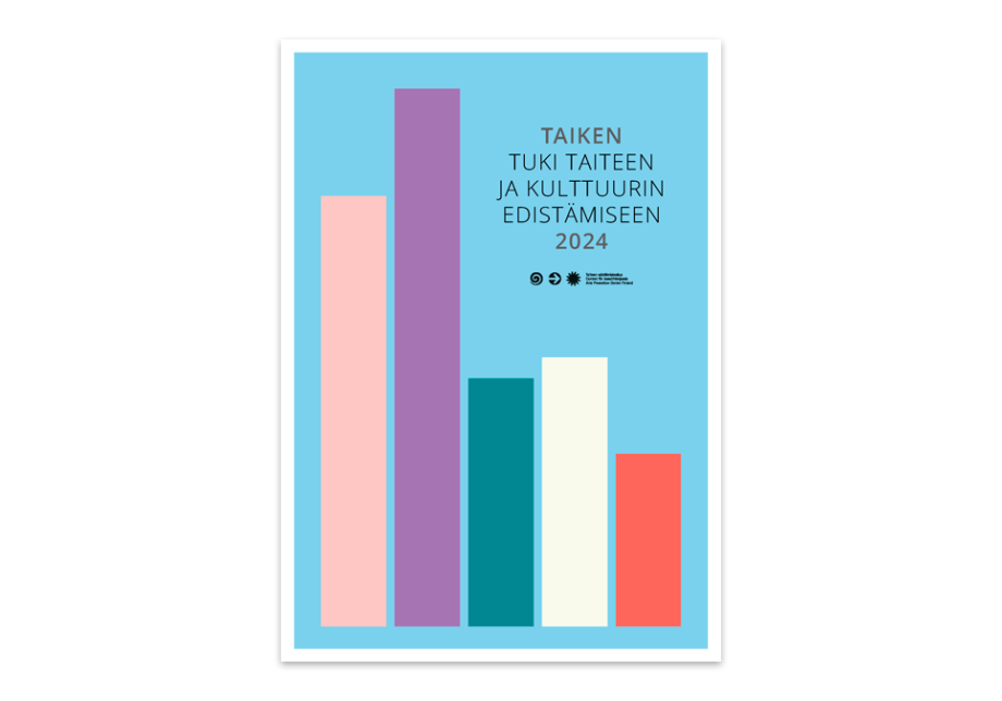 Julkaisun kansi. Pylväskaaviomaiset palkit ja teksti &quot;Taiken tuki taiteen ja kulttuurin edistämiseen 2024&quot;