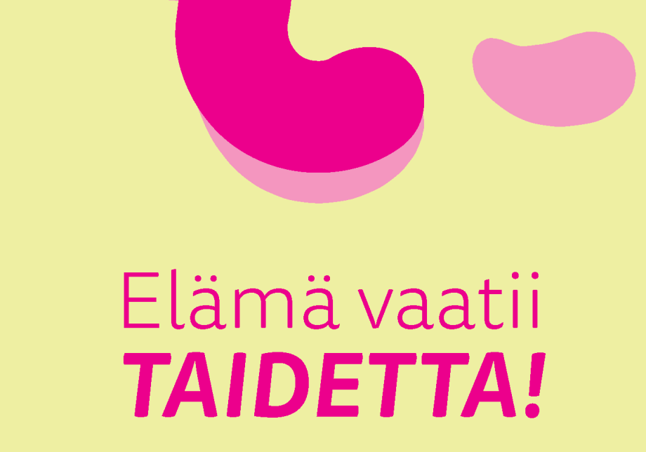 Vaaleankeltainen kansi, jossa julkaisun nimi (Elämä vaatii taidetta! Kirja kulttuurihyvinvoinnista) ja vaaleanpunaisia koristekuvioita.