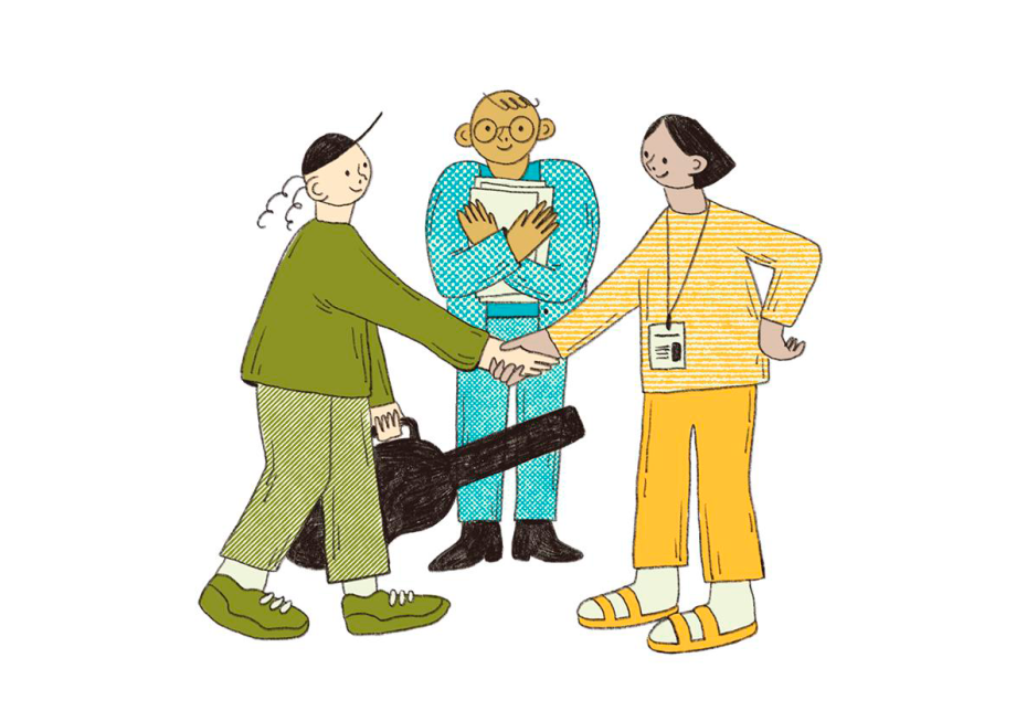 Piirroskuva, jossa kitaraa kantava henkilö kättelee toista. Taustalla kolmas henkilö seuraa vierestä.