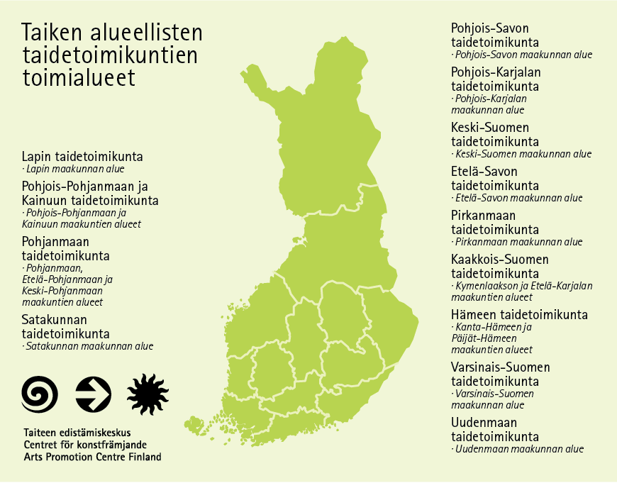 Suomen kartta alueellisten taidetoimikuntien toimialueista.